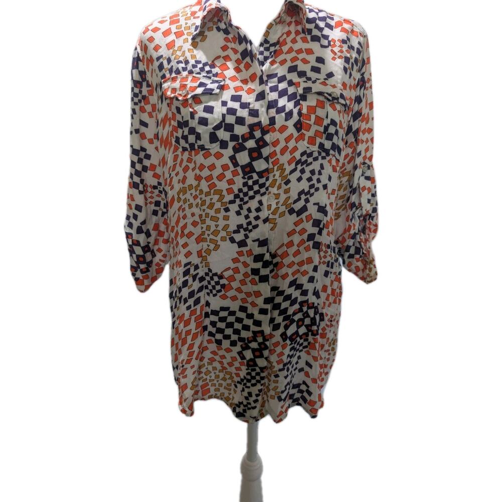 CAbi Women's Top Size Medium Colorful Grand Prix Geometric 3/4 Tab Sleeves Shirt
